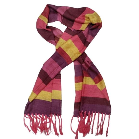 Rosecarft Accessories - Rosecarft Pure Bamboo Handmade Handwoven Pink Purple Yellow Striped Fringe Scarf